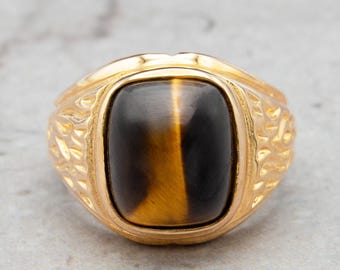 Vintage Tiger Eye Ring: 18k Gold Electroplated Unisex Jewelry
