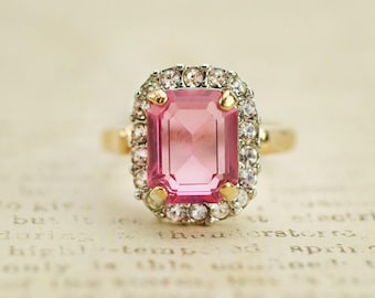 Vintage Ring 18k Gold Plated Ring Pink and Clear Swarovski Crystals Womans Jewelry #R1059 - Limited Stock - Never Worn