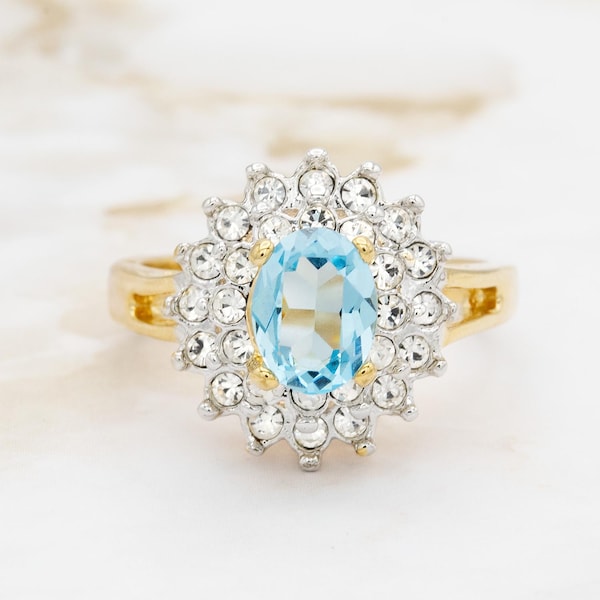 Vintage Women's Antique Aquamarine Crystal Cocktail Ring 18k Gold Electroplated Austrian Halo Rings USA Handmade Jewelry March Birthstone