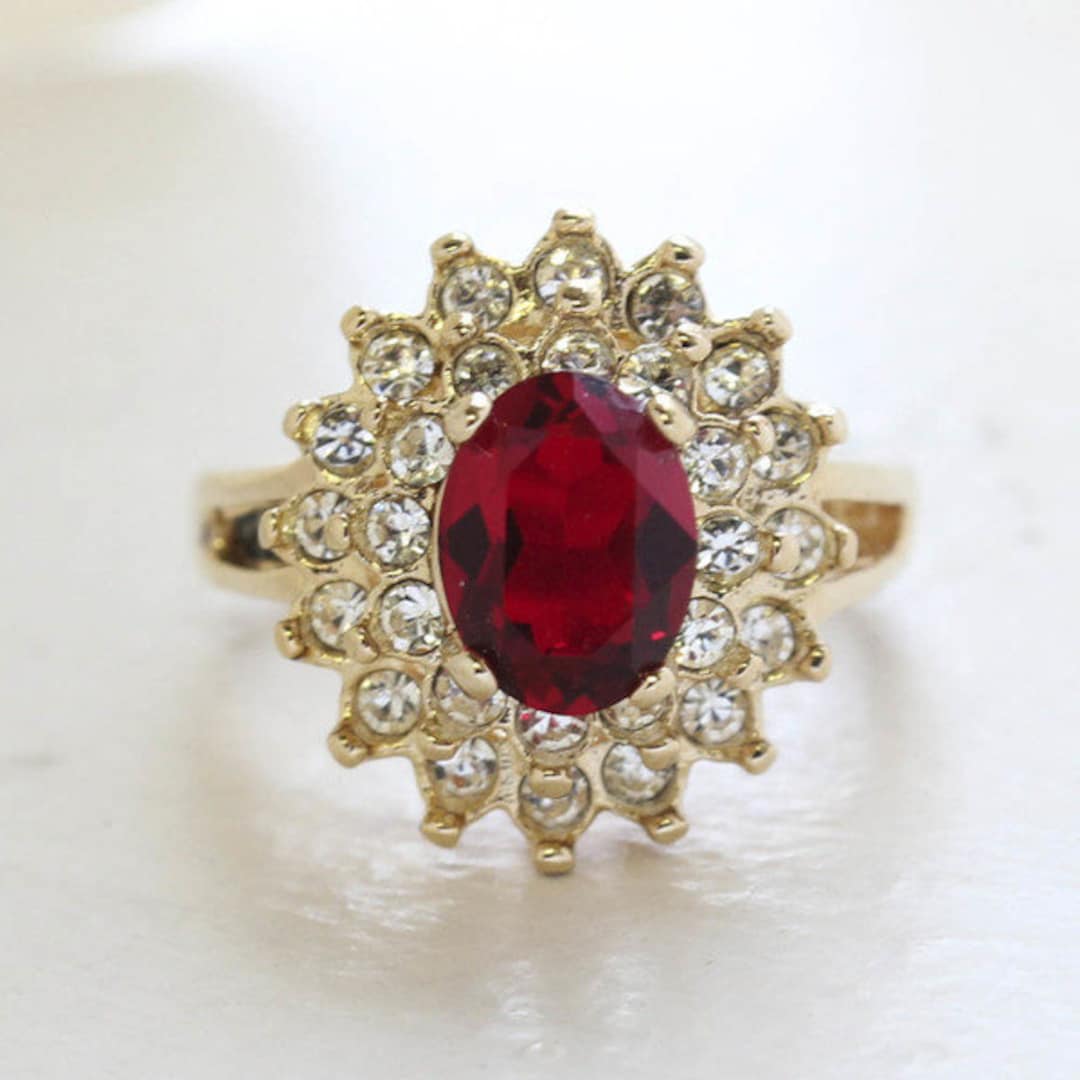 Vintage Ruby Swarovski Crystal Cocktail Ring: 18k Gold Plated Jewelry ...