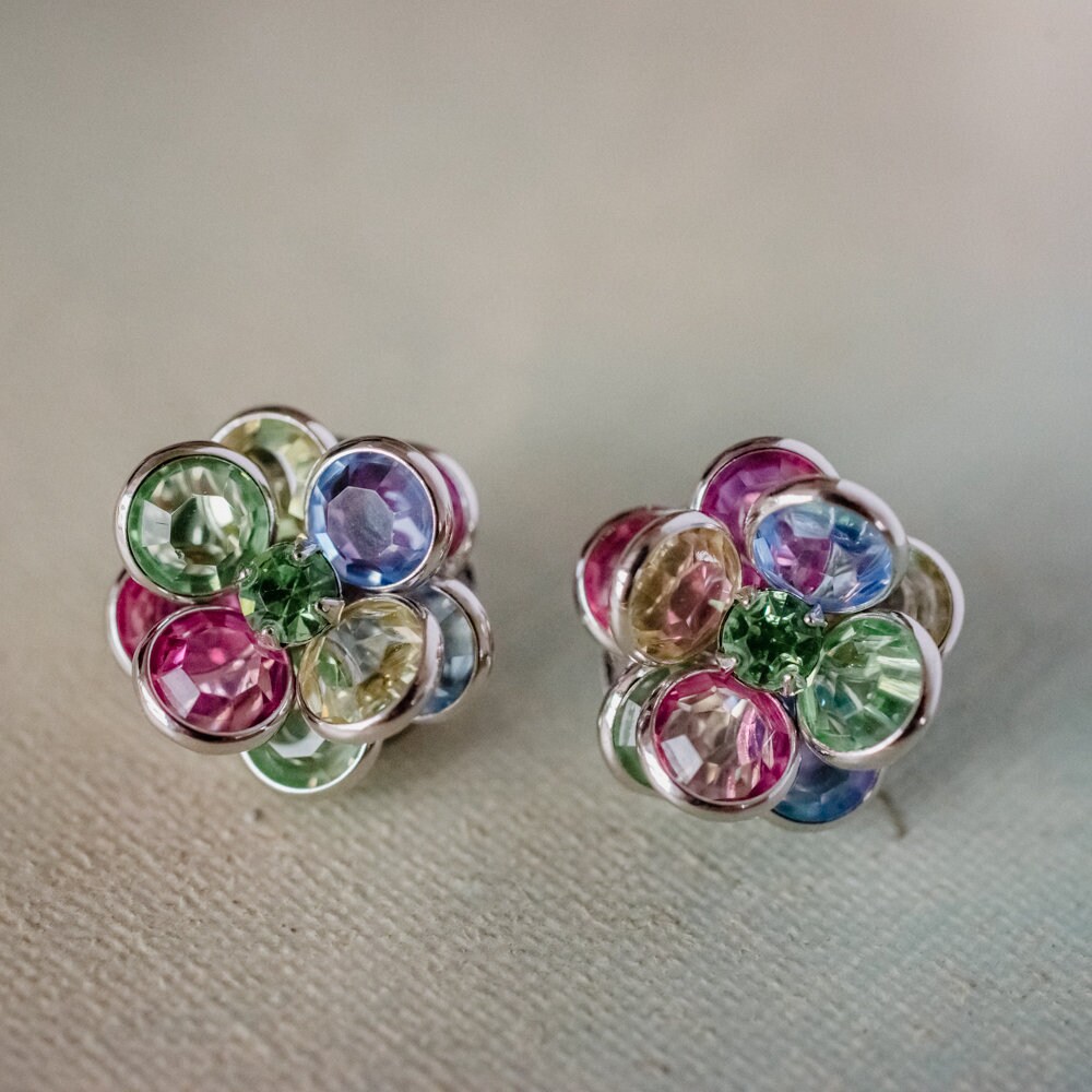 Boucles D'oreilles Clips Vintage Fleur Cristal - Or Et Diamant, Occasion Impeccable
