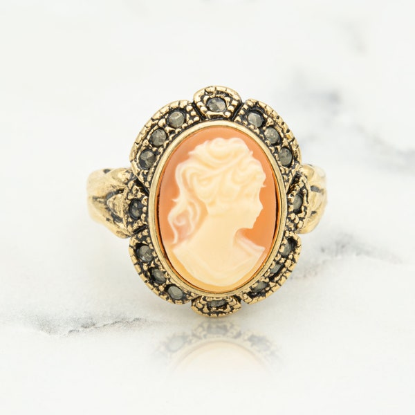 Vintage Ring 1970s 18k Gold with Antique Plating White on Coral Cameo Ring Genuine Marcasite Womans Costume Handmade Jewelry #R1730-WCM