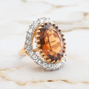 Vintage Smoke Topaz Cocktail Ring: 18k Gold & Austrian Crystal