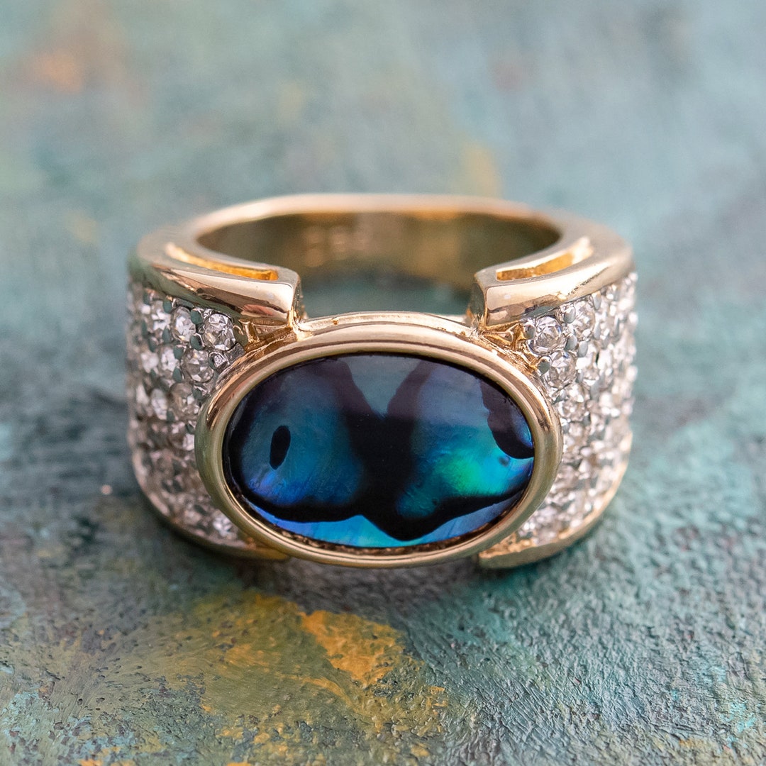 Womens Vintage Statement Ring Genuine Abelone Bead & Crystal 18k Gold ...