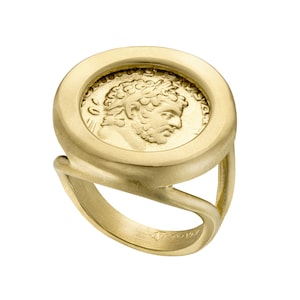Anillo de moneda del emperador romano antiguo: Anillo Antonio Pío bañado en oro de 18 quilates