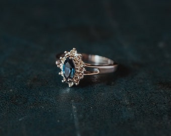 Vintage Ring Sapphire and Clear Swarovski Crystals 18kt White Gold Electroplated September Birthstone Made in USA #R1314