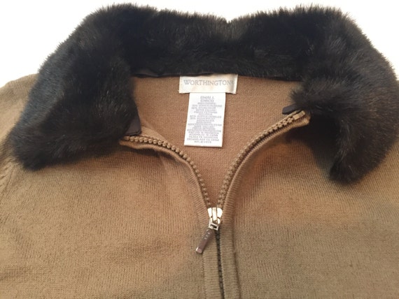 SOLD Vintage Brown Zip Up Cardigan with Fur Collar - image 3