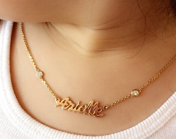 Double Diamond Custom Name Necklace in 14k
