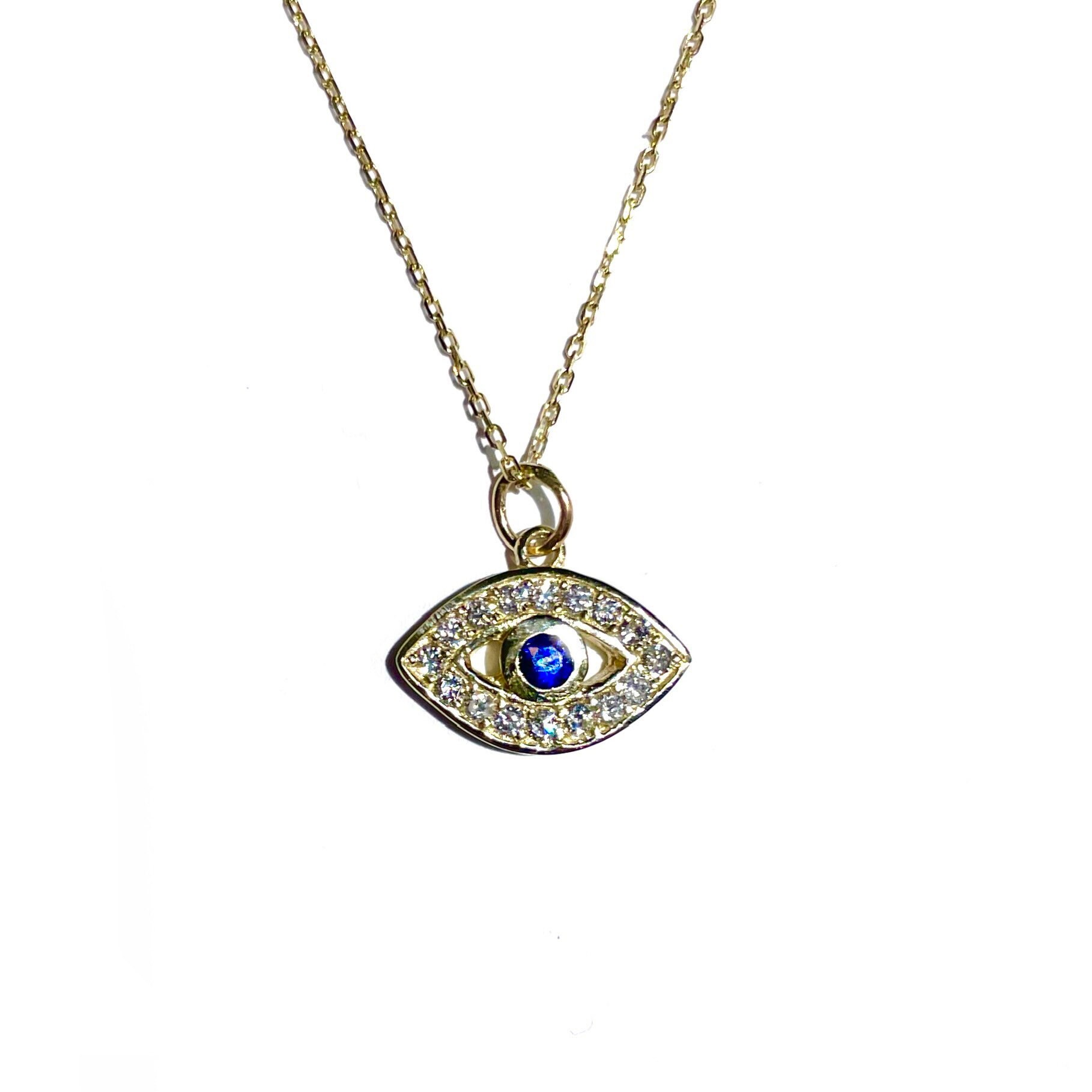 Large Diamond and Sapphire Evil Eye Pendant in 14K Gold