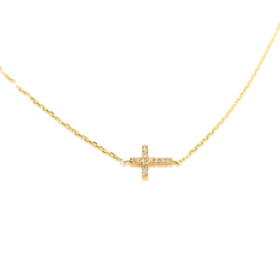 Amanda Sideways Diamond Cross Necklace in 14K Gold