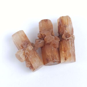 May include: Three aragonite crystal clusters in shades of tan and brown, arranged on a white surface. The crystals have a columnar structure with small, clustered formations. The lighting highlights the natural textures and colors of the mineral specimens.