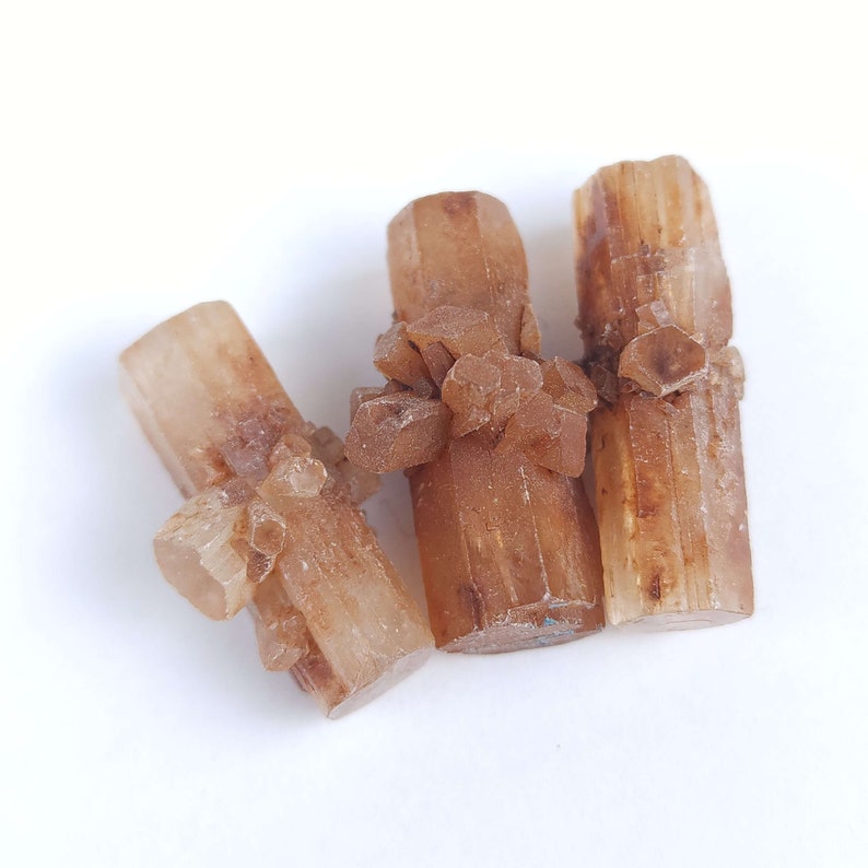 May include: Three aragonite crystal clusters in shades of tan and brown, arranged on a white surface. The crystals have a columnar structure with small, clustered formations. The lighting highlights the natural textures and colors of the mineral specimens.