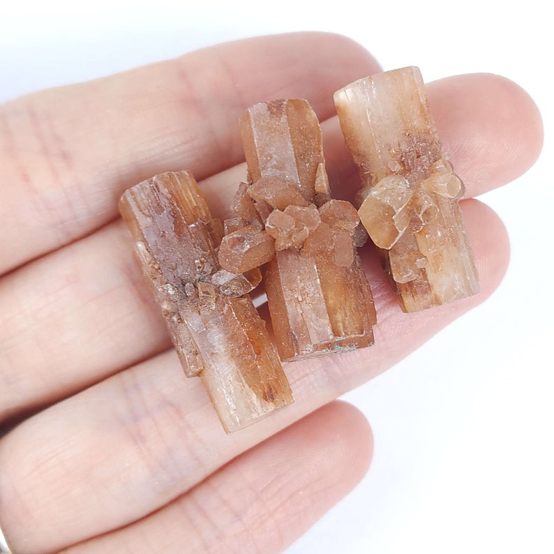 May include: Three aragonite crystal clusters in shades of brown and tan. The crystals have a columnar structure with a rough, textured surface. The crystals are held in a hand against a white background.