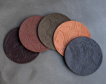 Leather Coasters - Topographic Map Pattern, 4 Pack