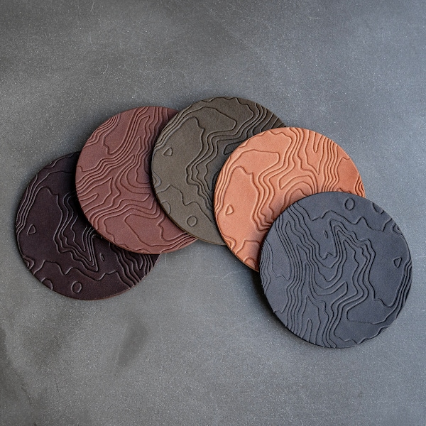 Leather Coasters - Topographic Map Pattern, 4 Pack