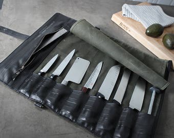 Chef Knife Roll, Waxed Canvas & Recycled Bike Inner Tubes