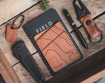 Leather Vertical Slim Wallet - Topographic Design