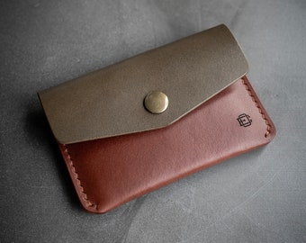 Leather Snap Card Wallet: Olive + Brown