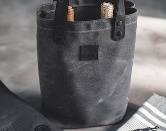 Wine Tote made from waxed canvas and reclaimed bike inner tubes