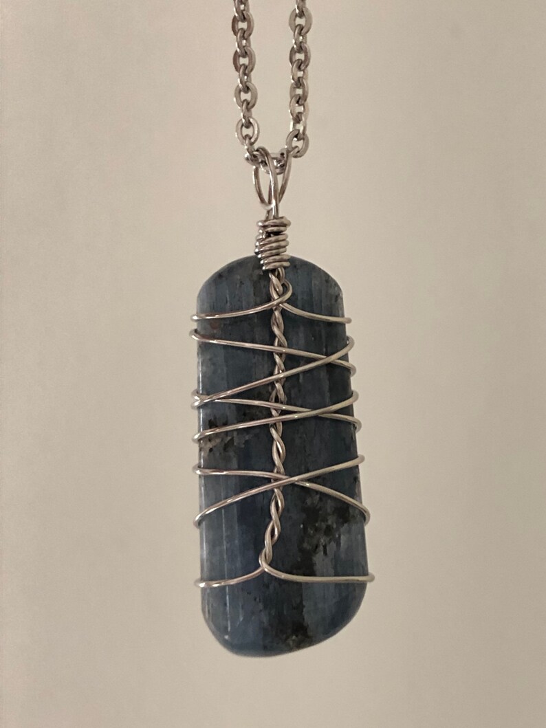 Blue Kyanite stainless steel wire wrapped healing stone pendant Throat chakra. Polished Blue Kyanite necklace Healing stone jewelry
