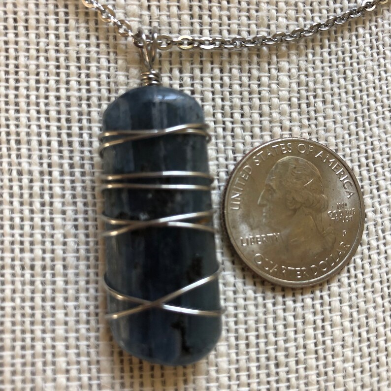 Blue Kyanite stainless steel wire wrapped healing stone pendant Throat chakra. Polished Blue Kyanite necklace Healing stone jewelry