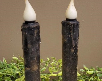 2 Primitive Battery Operated Wax-dipped Taper LED Candles Black 7" w Timer