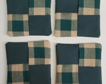 Set of 4 Country Primitive Green Buffalo Check Homespun Coasters Square