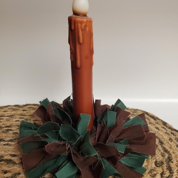 Country Primitive Green Brown Mini Rag Wreath Taper Candle Ring Log Cabin Bear, Fishing Theme