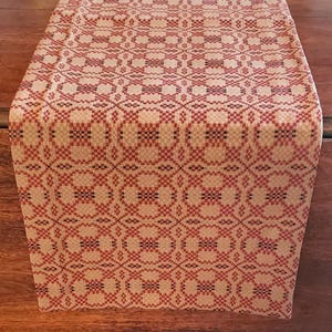 Könnte beinhalten: Ein rechteckiger Tischläufer mit einem sich wiederholenden geometrischen Muster in Rot und Beige. Das gewebte Design weist eine Reihe von ineinandergreifenden Formen auf, die eine strukturierte Oberfläche erzeugen. Der Läufer wird auf einem Holztisch präsentiert.