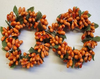 2 Country Primitive Orange Pip Berry Taper Candle Rings 1.5&quot; Fall Decor Thanksgiving Mini Wreath