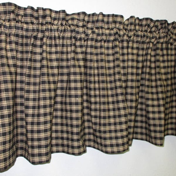 Country Primitive Black Plaid Valance  Farmhouse Homespun Curtain Rustic Window Decor