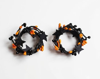 2 Porta-Velas Campestres Rústicos com Estampa de Pip Berry, Preto e Laranja com Estrelas