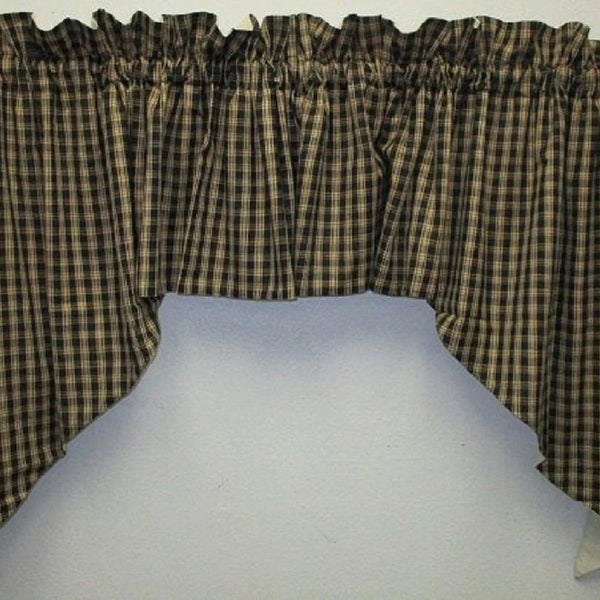 Handmade Country Primitive Black Plaid Homespun Swag Curtains Fully Lined