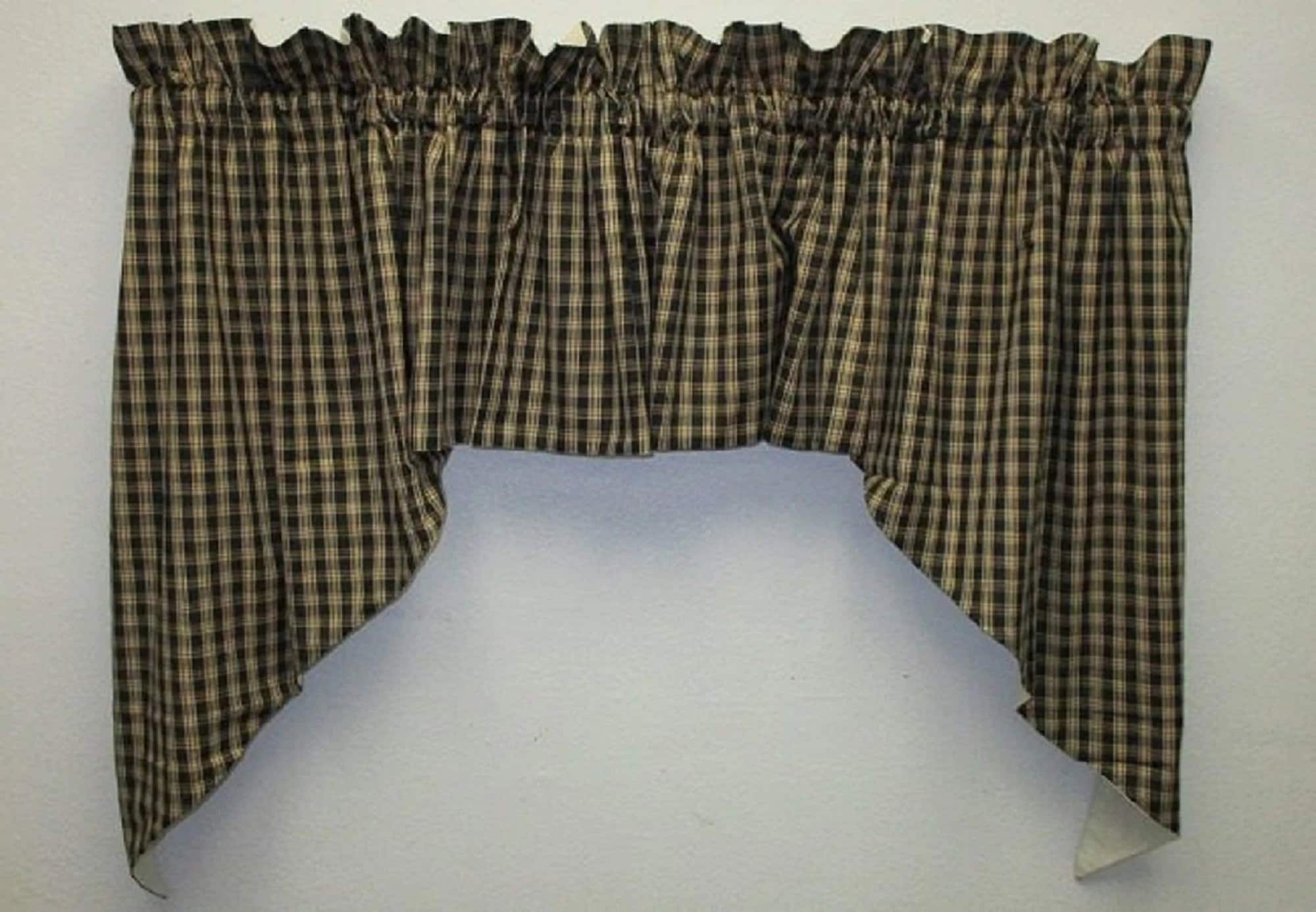 Handmade Country Primitive Black Plaid Homespun Swag Curtains Fully Lined