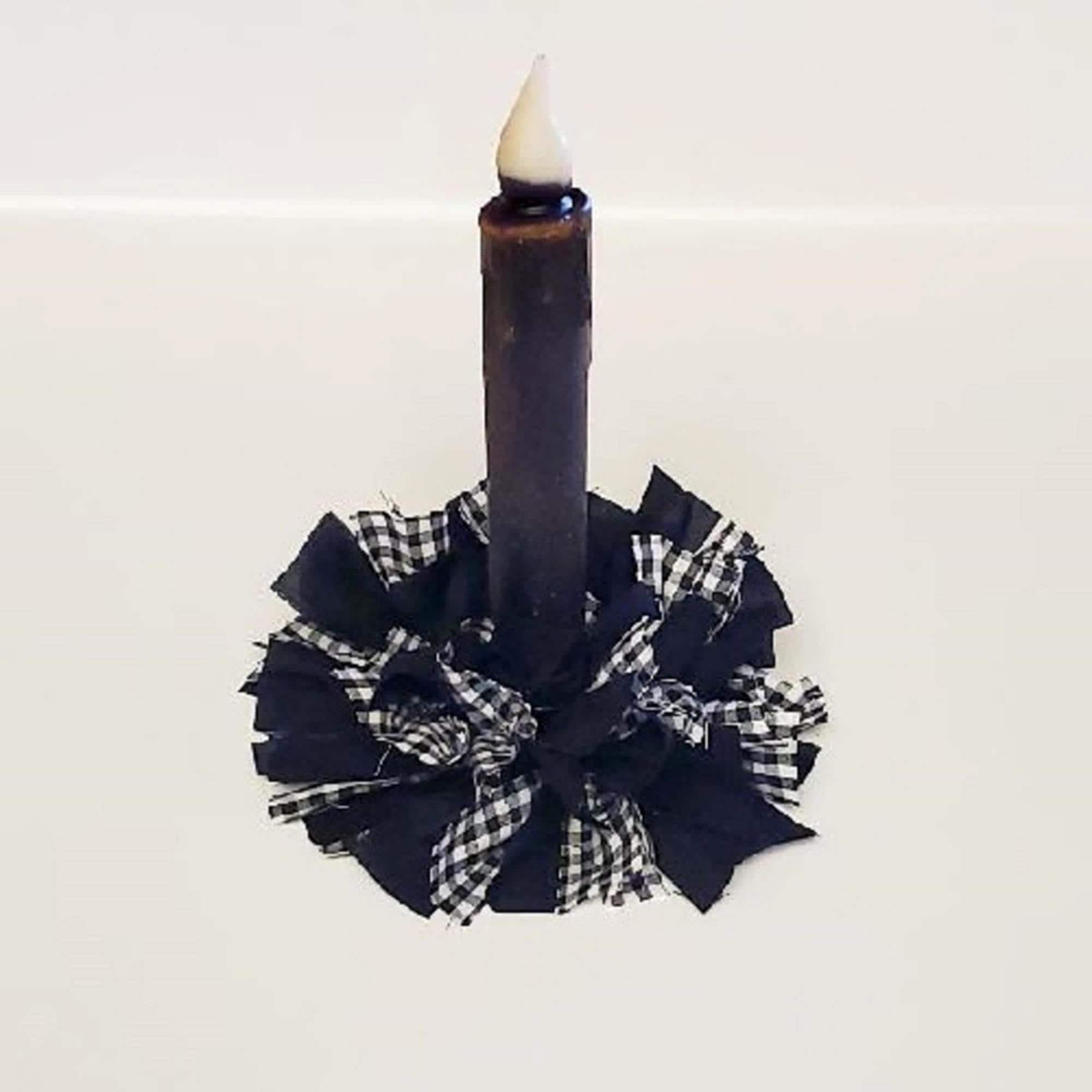 Country Primitive Farmhouse Black Gingham Check Rag Wreath Taper Candle Ring