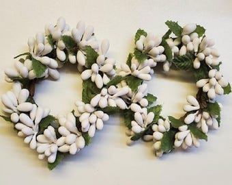 Set of 2 Country Primitive White Pip Berry Taper Candle Rings 1.5&quot; Farmhouse Decor