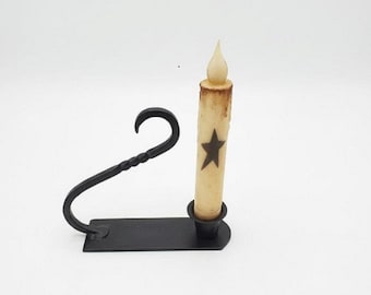 Country Primitive Black Iron Taper Candle Holder with Curved Handle