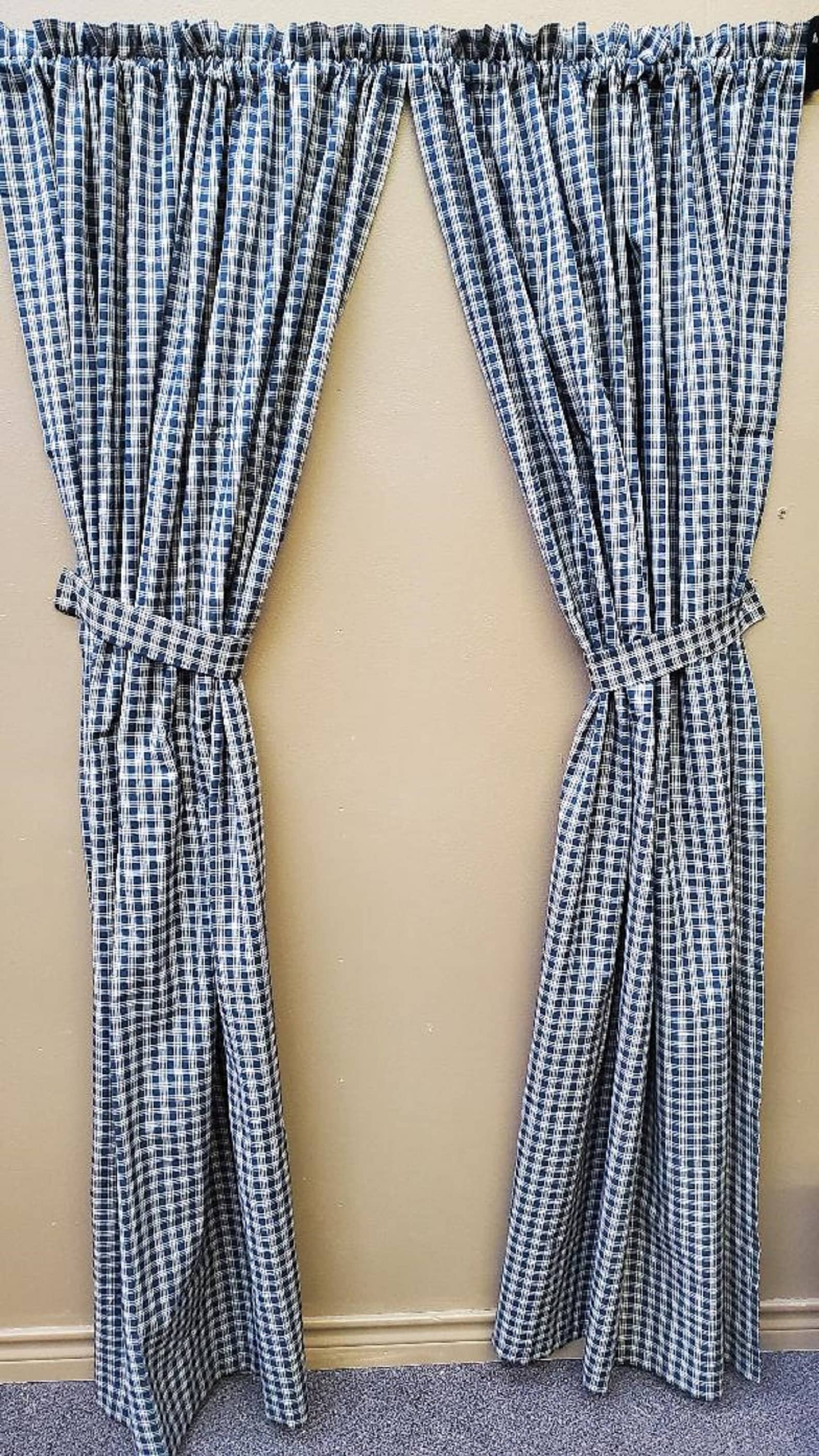 Primitive Navy Blue Plaid Homespun Country Curtain Panels Etsy