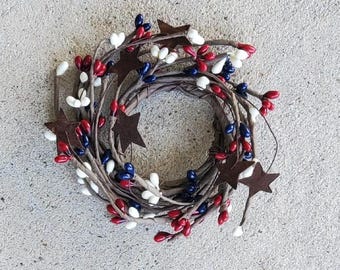 Country Primitive Patriotic Pip Berry Candle Ring 2&quot; Red White Blue Mini Wreath