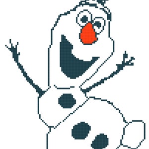 Op de afbeelding: Een pixel art-illustratie van Olaf, de sneeuwpop uit de film Frozen, met een brede glimlach en zijn kenmerkende wortelneus. Hij draagt ​​een blauwe hoed en heeft twee zwarte knoppen op zijn lichaam.