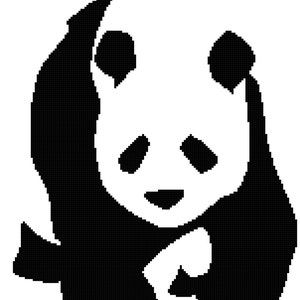 May include: Black and white illustration of a panda bear sitting with its paws in front of it. The panda is facing forward and has a simple, cartoon-like design.