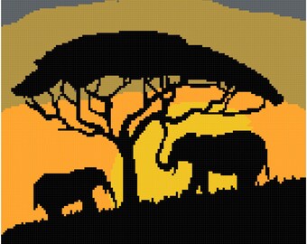 Elephants at Sunrise Graph Blanket Pattern