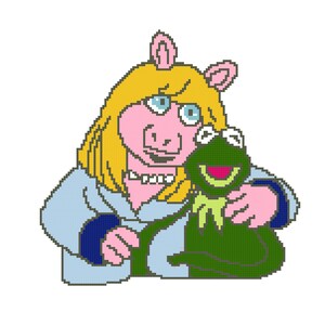 May include: A pink pig with blonde hair wearing a blue shirt and holding a green frog.
