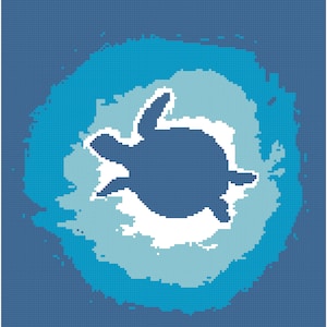 May include: A digital illustration of a turtle silhouette in dark blue, surrounded by concentric circles of varying shades of blue and white. The background is a grid of dark blue squares.