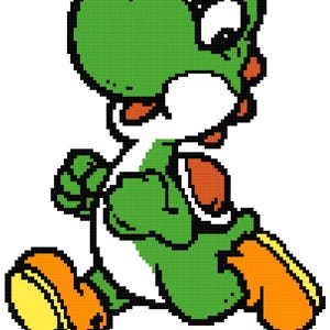 Könnte beinhalten: Eine grüne, pixelartige Figur mit einer langen Schnauze und großen Augen, die nach rechts rennt. Die Figur hat orange Füße und einen weißen Bauch.