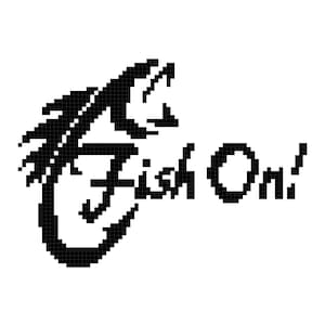 May include: Black and white pixel art illustration of a fish with the text "Fish On!" below it.