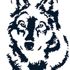 May include: Black and white pixel art illustration of a wolf's head. The wolf is looking directly at the viewer with its mouth closed.
