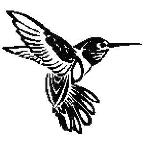 May include: A black and white illustration of a hummingbird in flight. The hummingbird has detailed wings and a long beak.