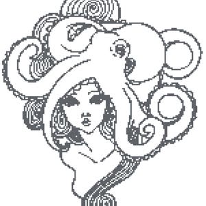 May include: A black and white line art illustration of a woman with an octopus on her head. The octopus has many tentacles and is drawn in a stylized way.