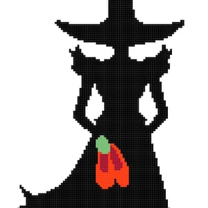 Peut inclure: Silhouette noire d'une sorcière portant un chapeau pointu et tenant une citrouille rouge et verte dans sa main.